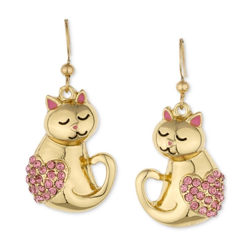 Holiday Lane Gold-Tone Pave Heart Cat Drop Earrings